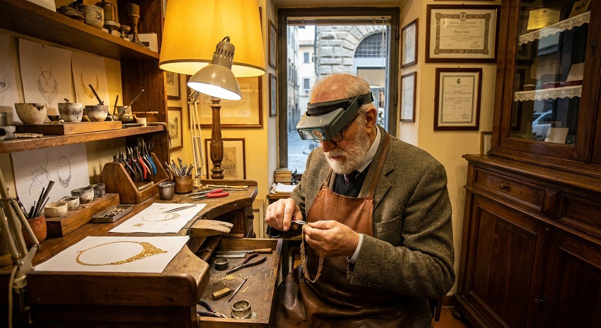 Artigiano italiano al lavoro nella creazione di gioielli GOGO